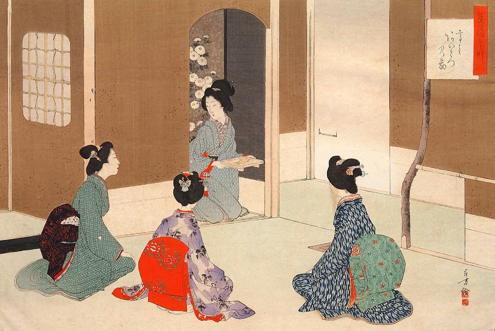 客を迎える亭主を描いた木版画。1896年の連作『茶の湯日々草』より