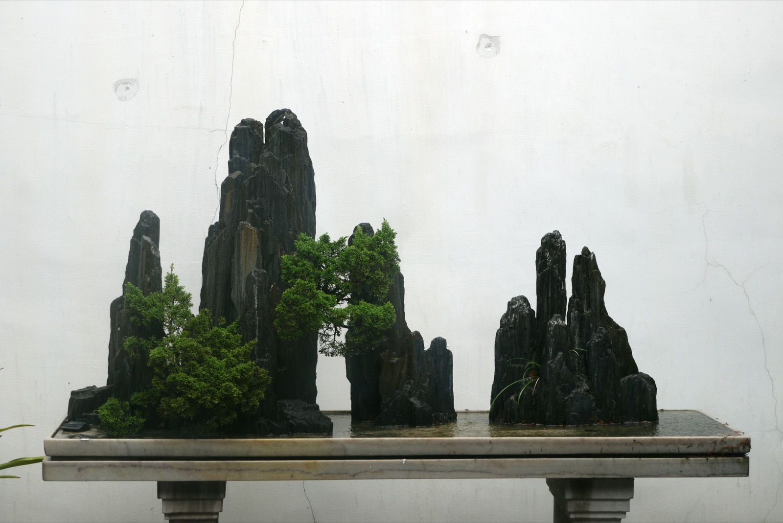 蘇州博物館に展示された、岩・水・複数の木を一つの盆に収めた盆景