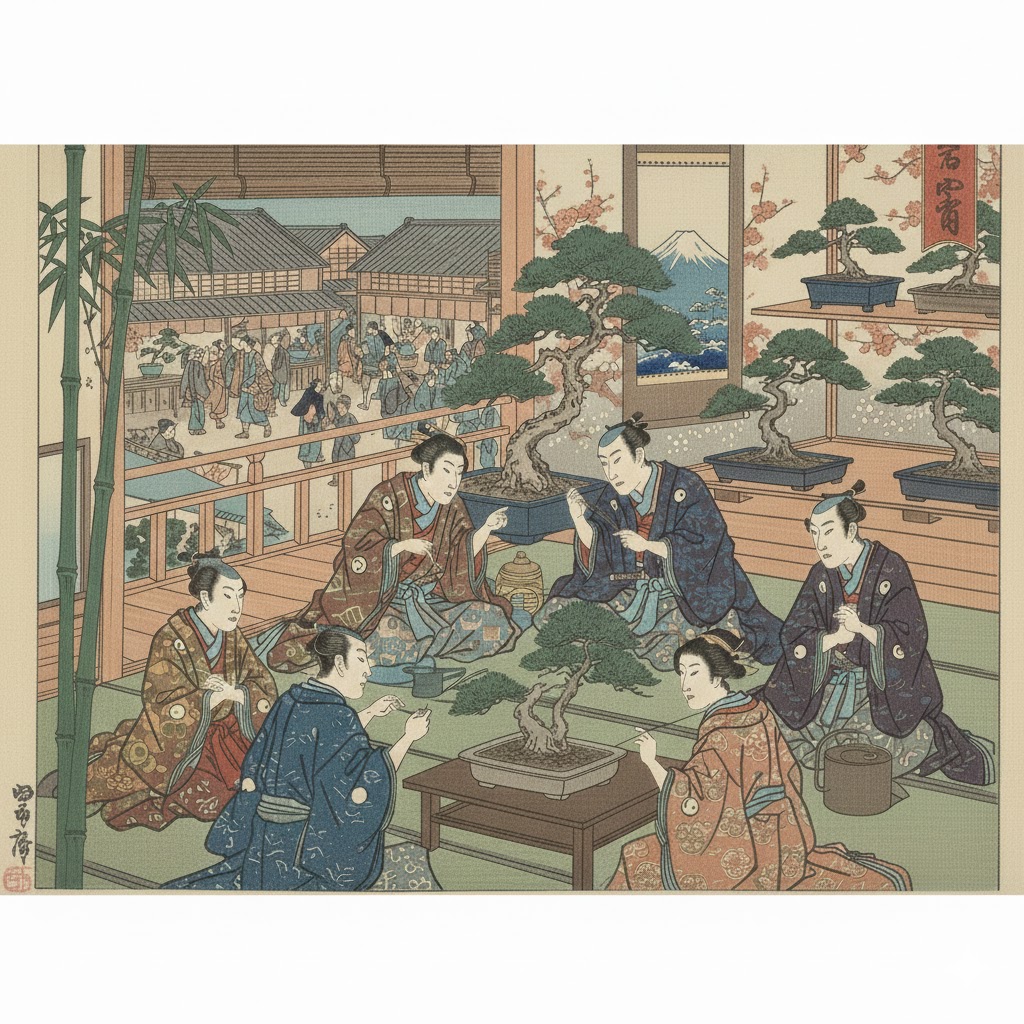 国風盆栽展の歴史を伝える会場風景
