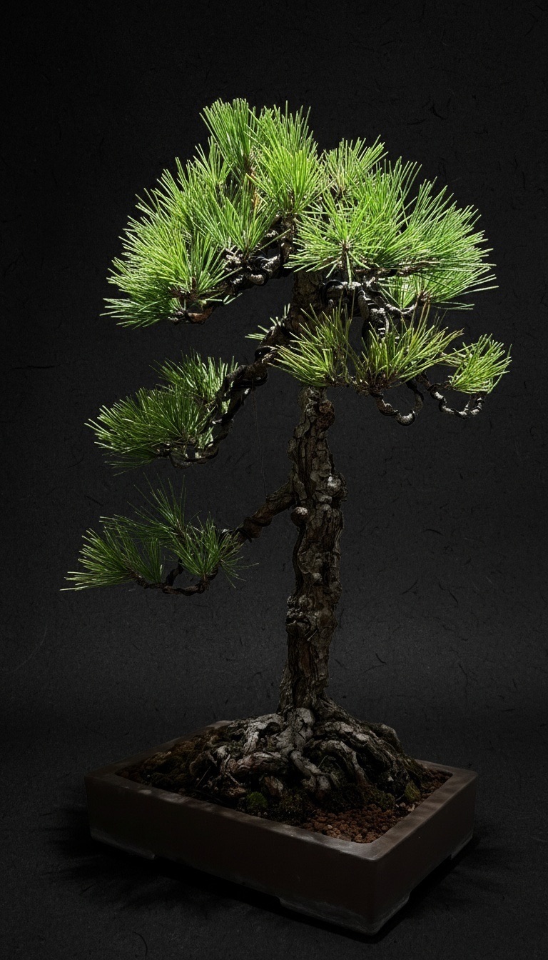 An upright black pine bonsai trained into a disciplined, formal shape