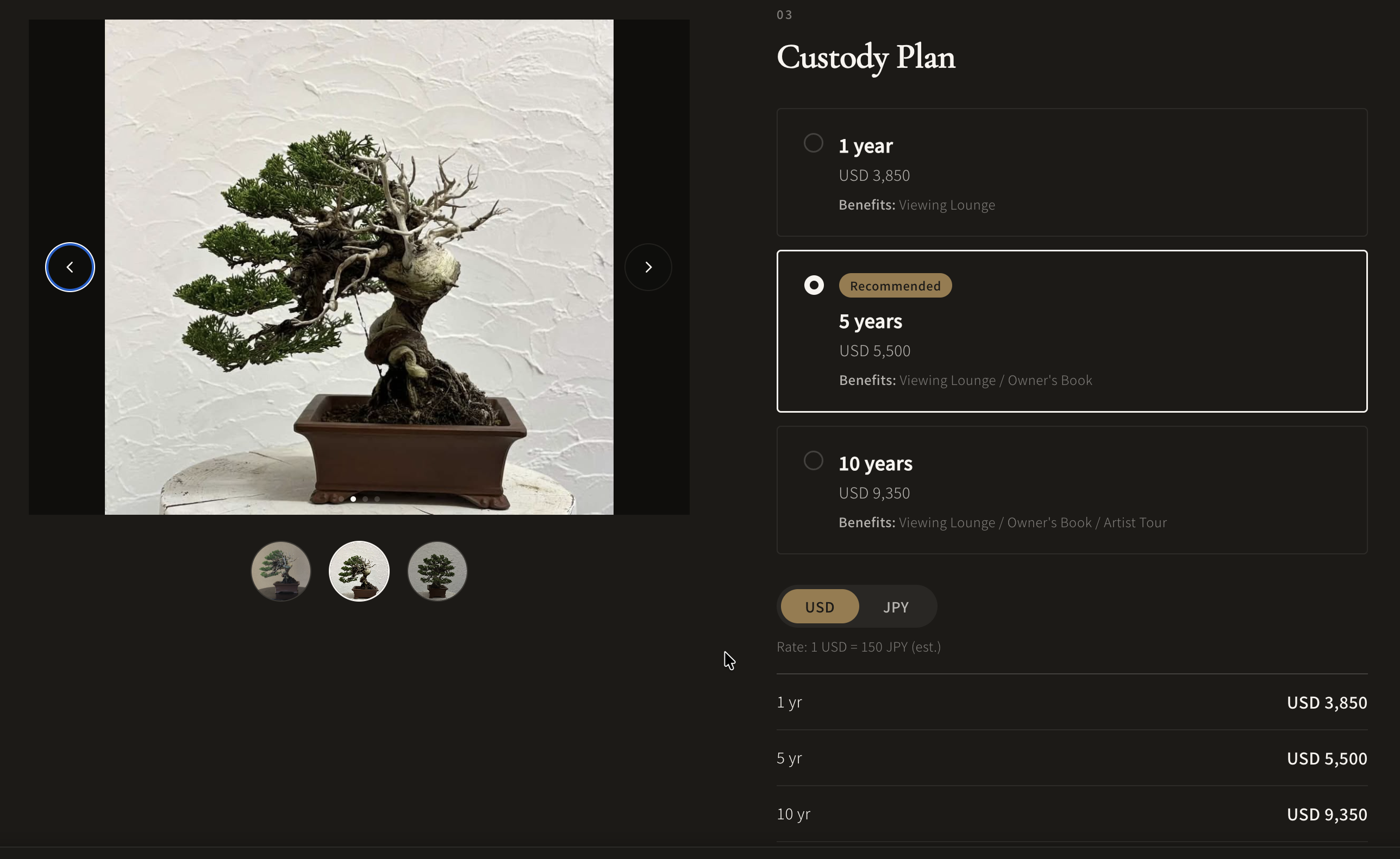 Custody Plan UI — MKT-003 Shimpaku Juniper 30y Informal Upright