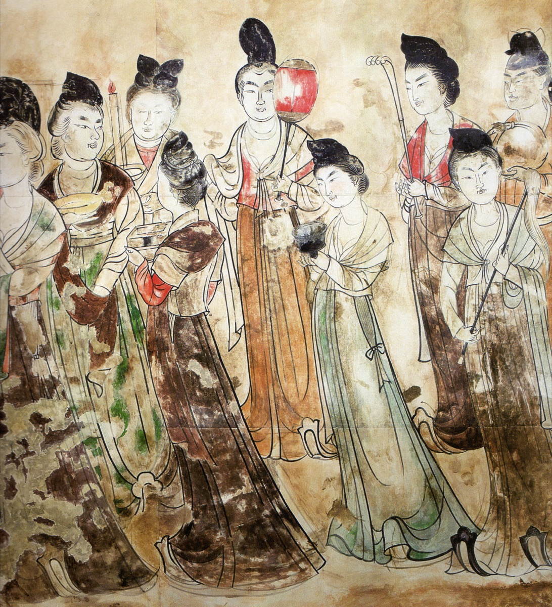 Court Ladies of the Tang — Qianling Mausoleum tomb mural, c. 706 AD